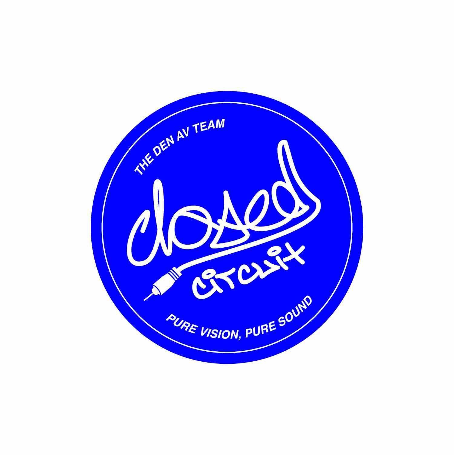Closed Circuit primary logo: a blue badge with a hand-drawn script wordmark and audio cable
