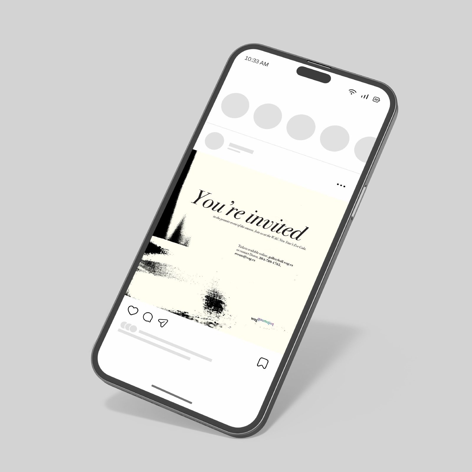 Instagram post on a phone reading You’re invited in serif type