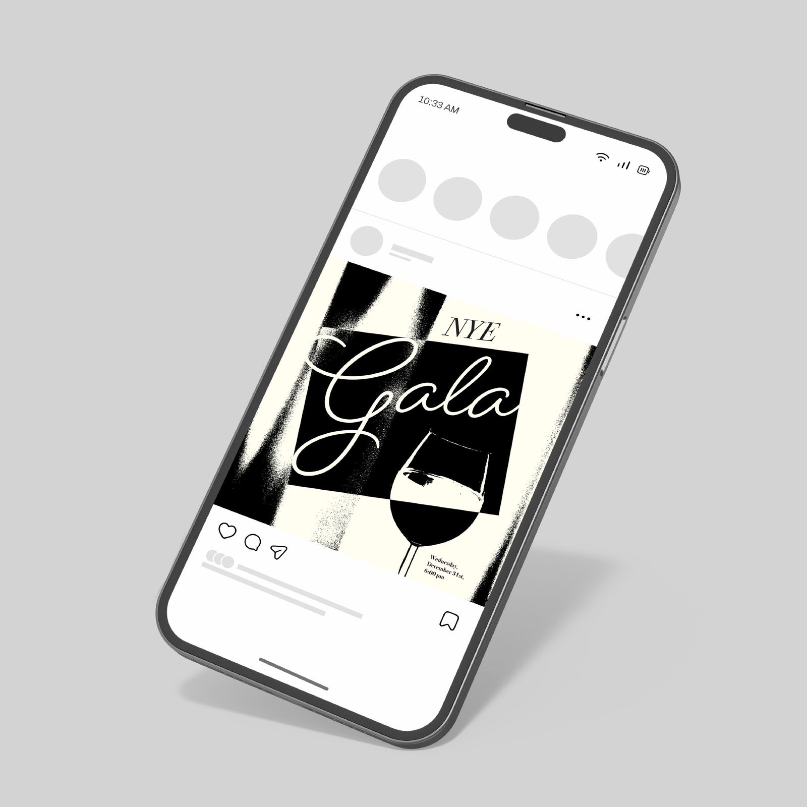 Instagram post on a phone showing the NYE Gala script and wine glass